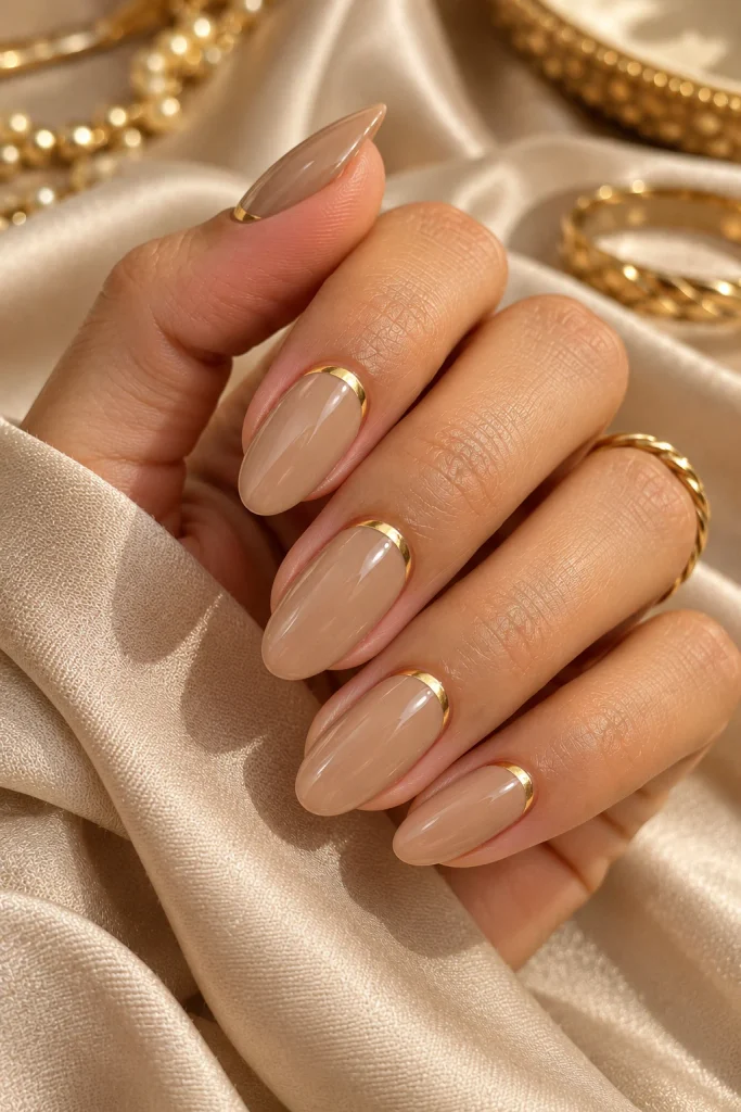 Nude Latte Nails With Gold Half-Moons