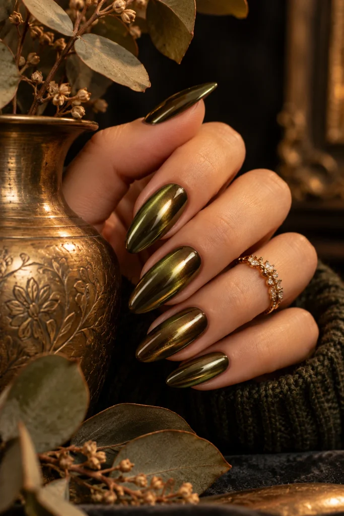 Olive Chrome October Nails