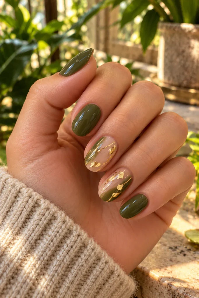 Olive Green and Gold Nails