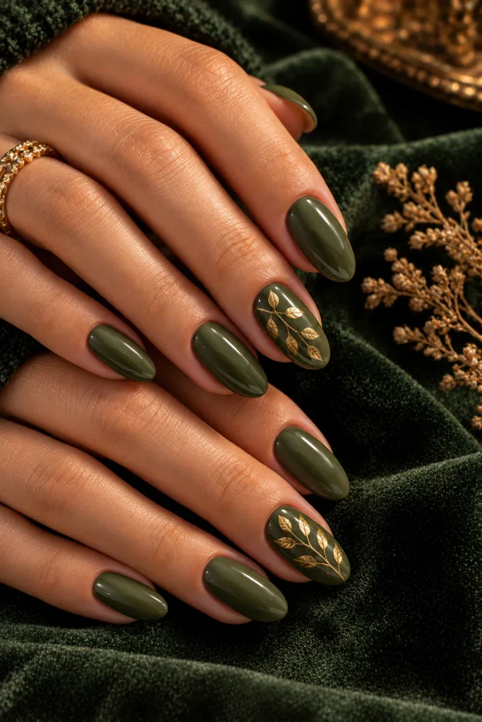 Olive and Gold Leaf Nails