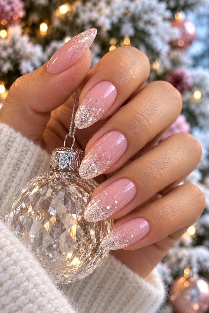 Pink Glitter Snow Nails