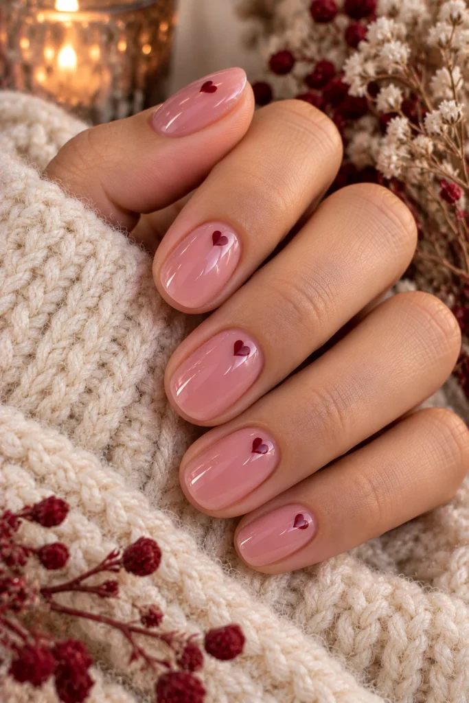 Pink Heart Winter Nails