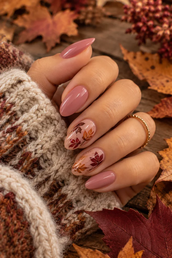 Pink Leaf Accent Nails
