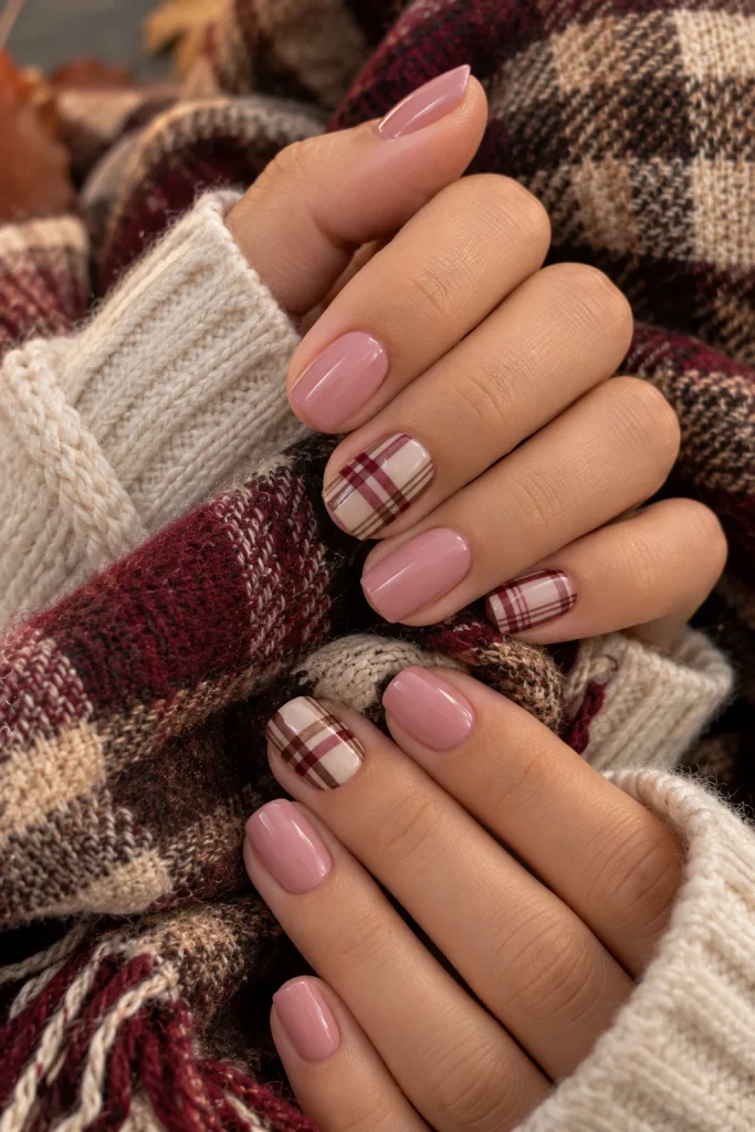 Pink Plaid Fall Nails