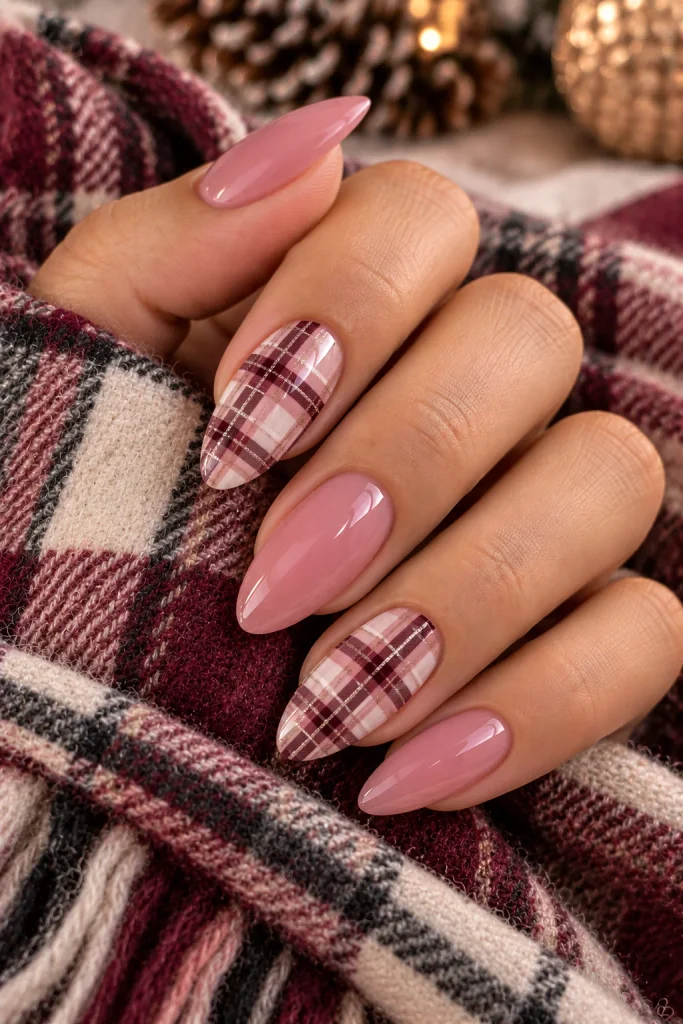 Pink Plaid Winter Nails
