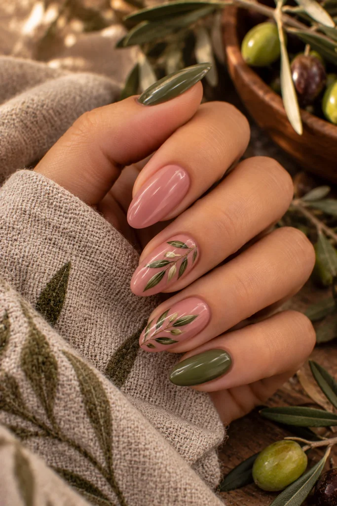 Pink and Olive Green Fall Nails