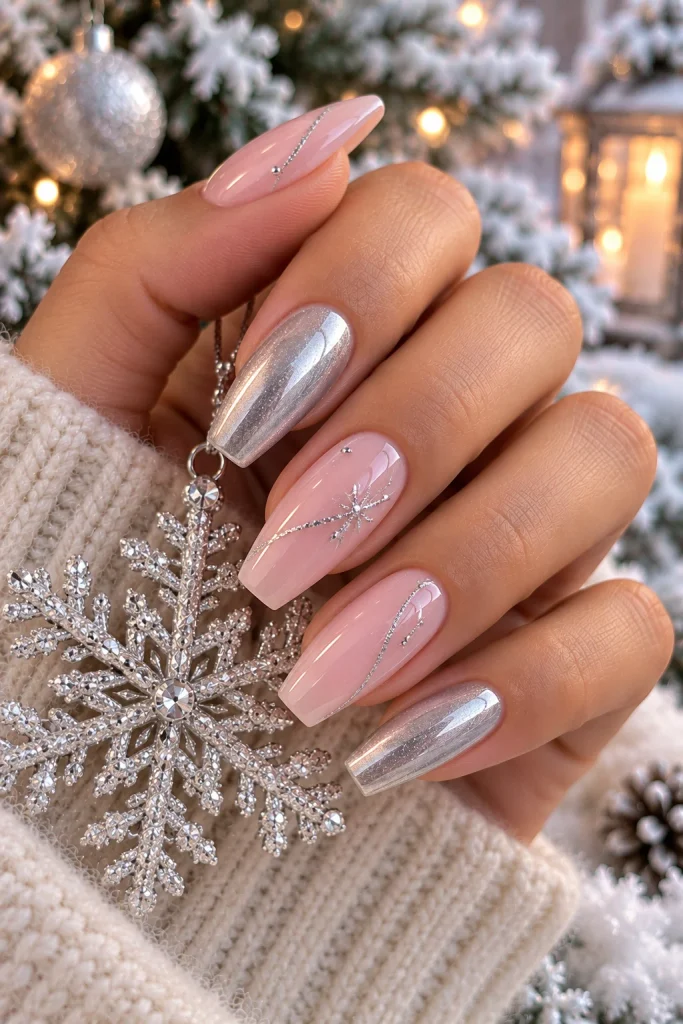 Pink and Silver Winter Nails