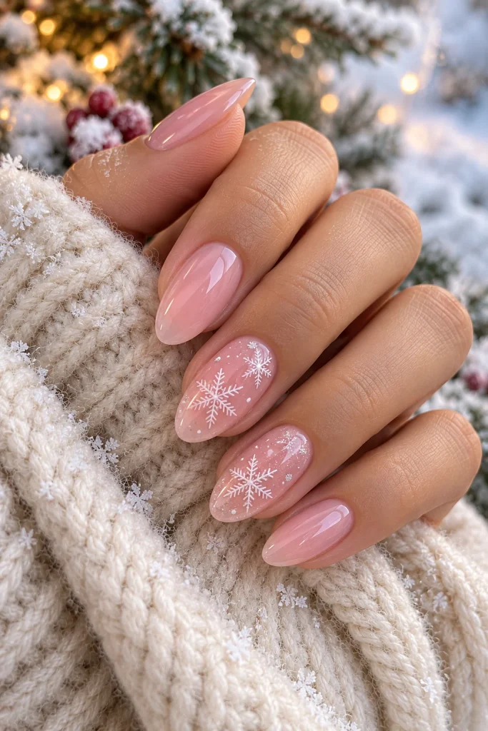 Pink and White Snowflake Nails
