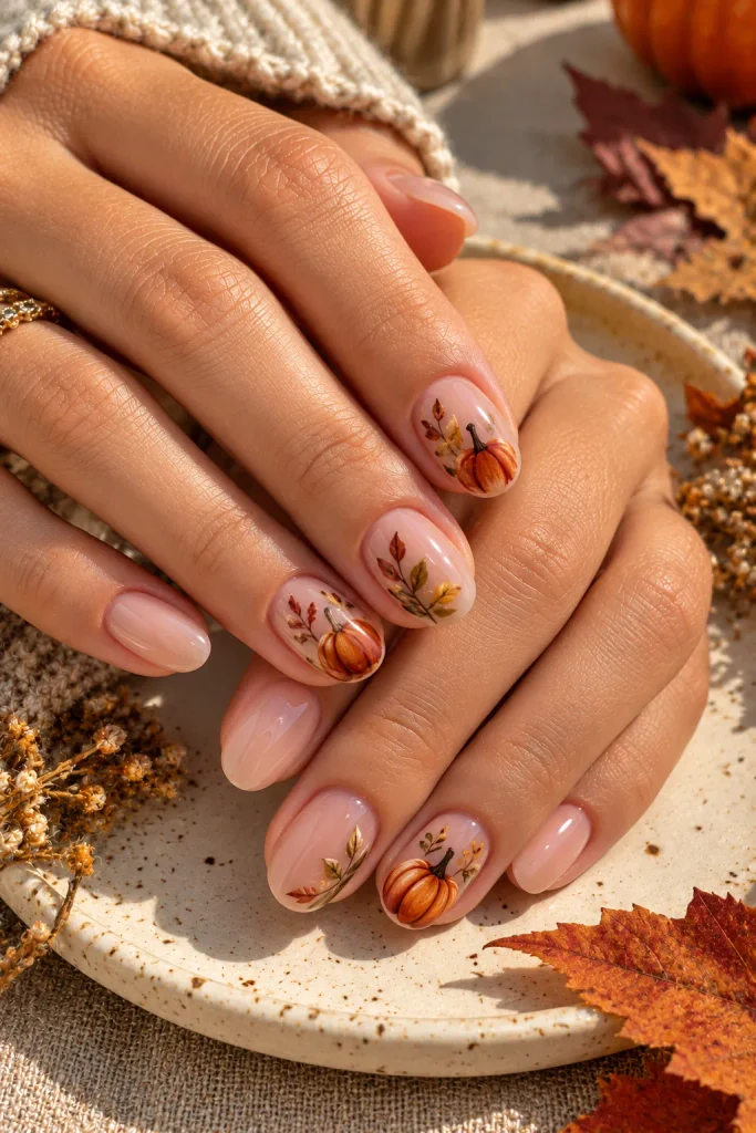 Pumpkin and Autumn Leaf Nails