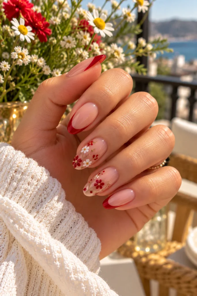 Red Floral French Nails