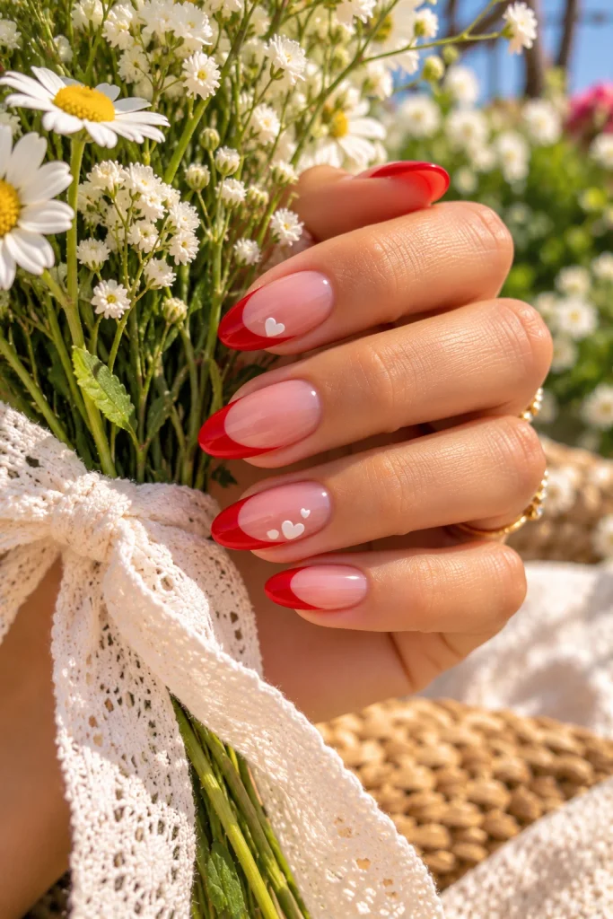 Red French Tips With Tiny White Hearts