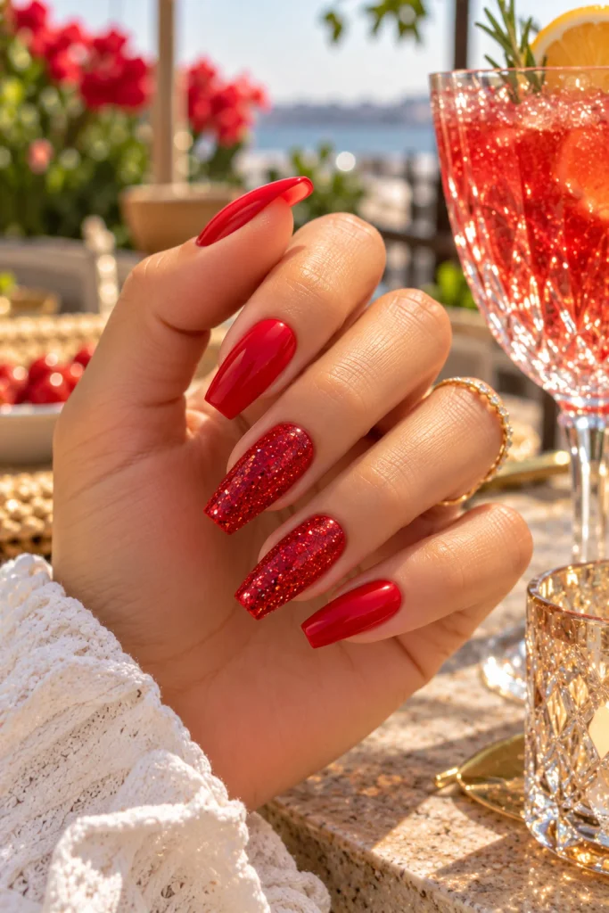 Red Glitter Accent Nails