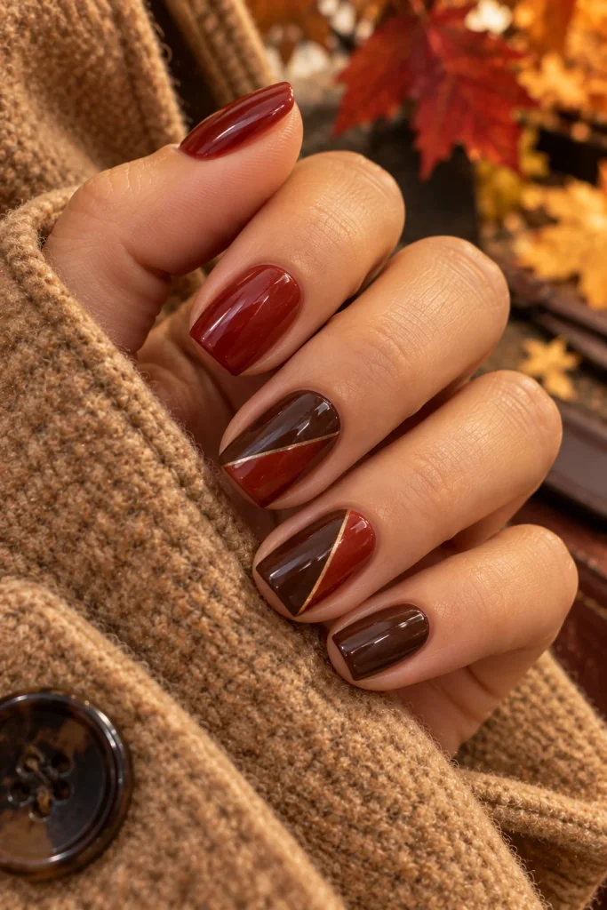 Red and Brown Fall Color Block Nails