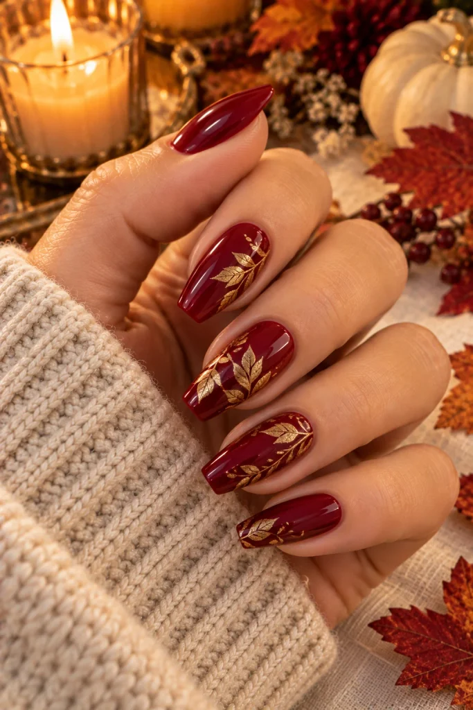 Red and Gold Leaf Nails