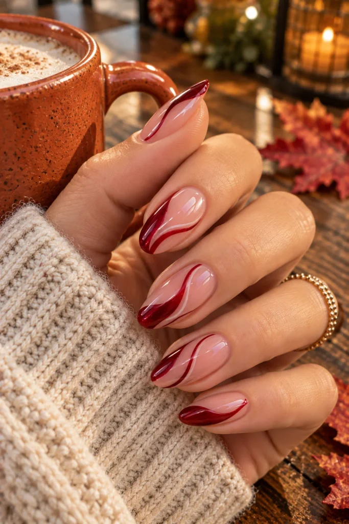 Red and Nude Swirl Nails