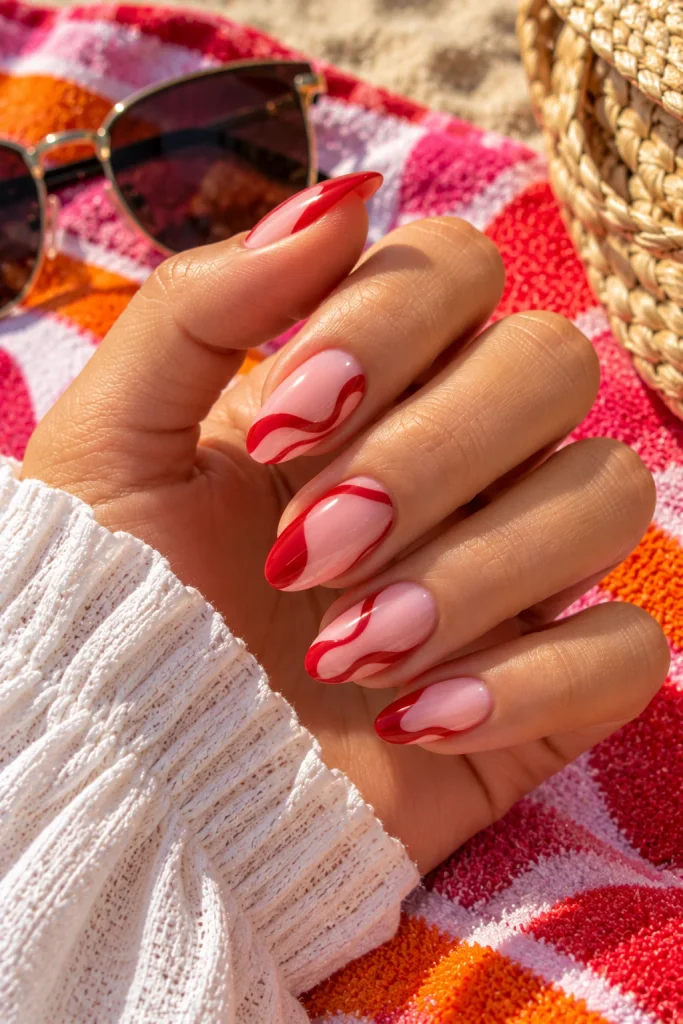 Red and Pink Swirl Nails