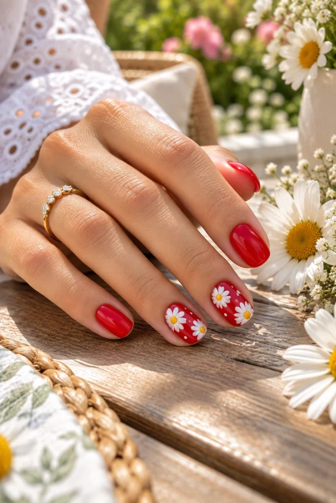Red and White Daisy Nails