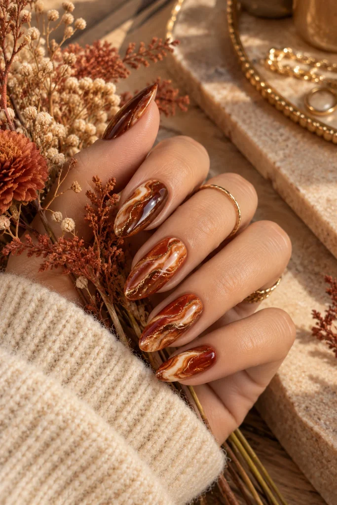 Rust and Gold Marble Nails