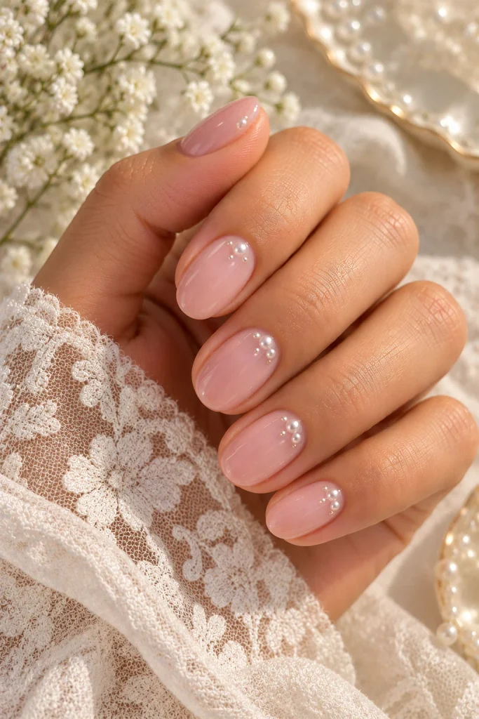 Soft Pink Nails With Pearl Dots