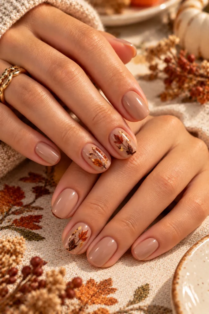 Thanksgiving Neutral Nails with Tiny Leaves