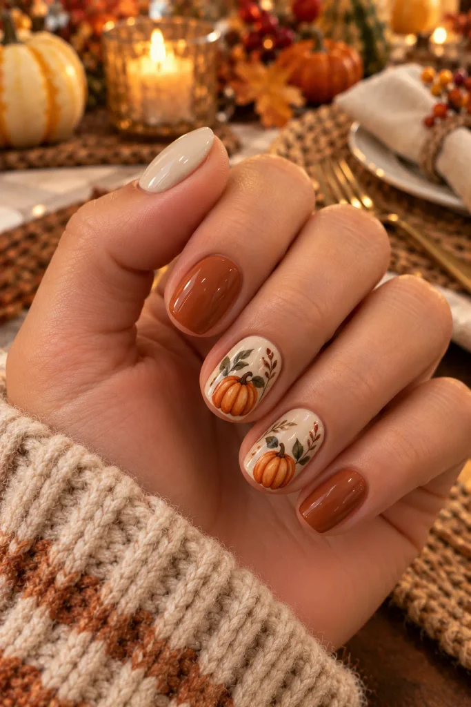 Thanksgiving Pumpkin Accent Nails